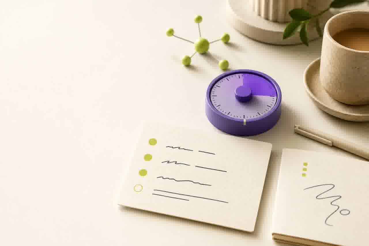 A calm desk scene with an atomic timer and task card